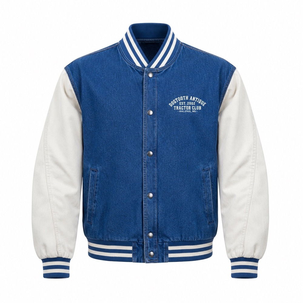 Tri-Mountain Denim Varsity Jacket mens Large Blue Dogtooth Antique Tractor Club